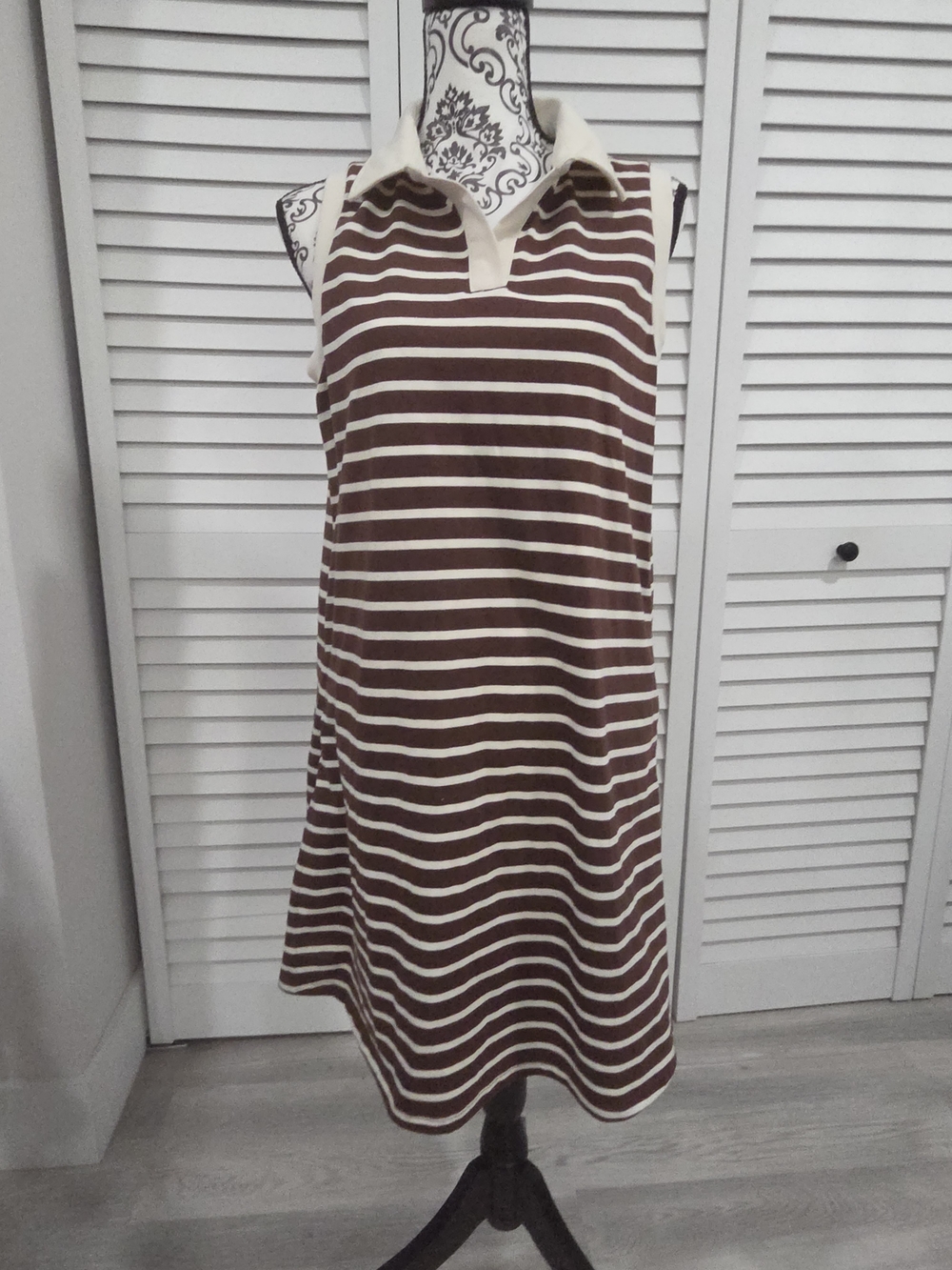 Isaac Mizrahi Brown and Cream Striped Sleeveless Polo Dress